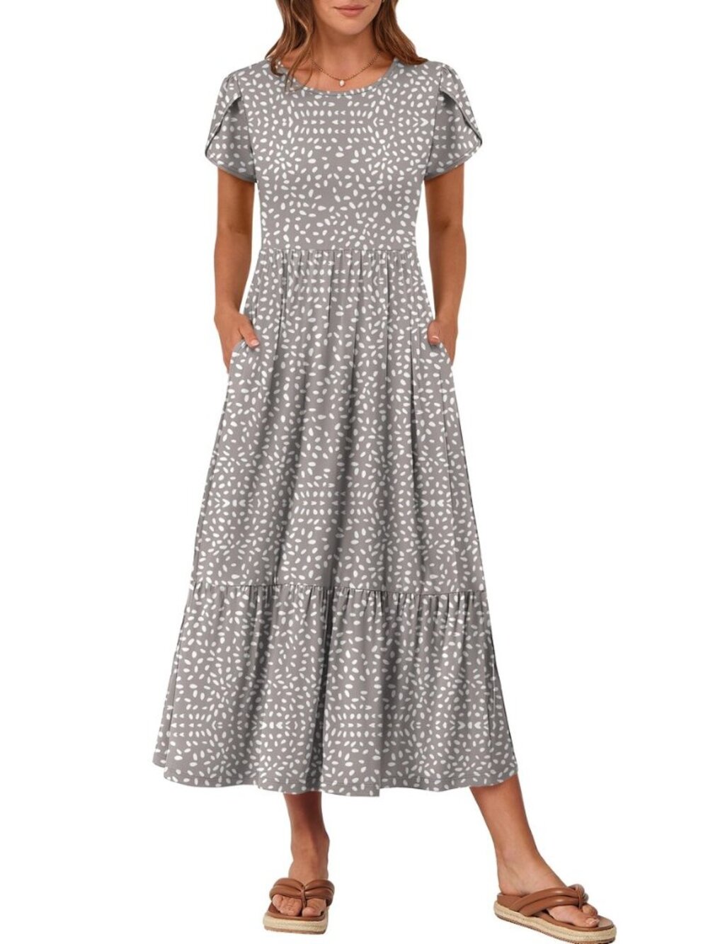Womens Summer Petal Short Sleeve Maxi Dress with Pockets
